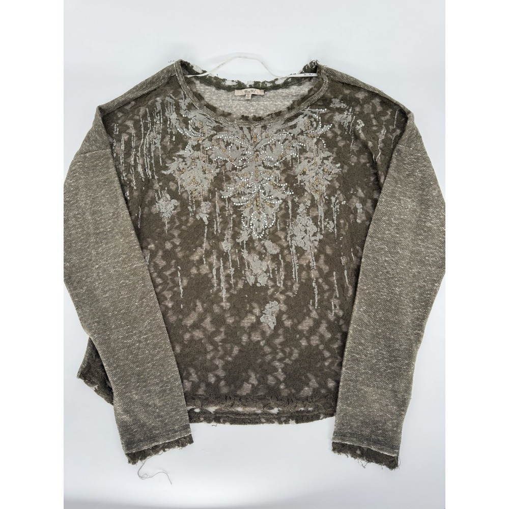 Miss Me Embellished Lace Top Women's XL Olive Green Brown Long Sleeve Rhinestone